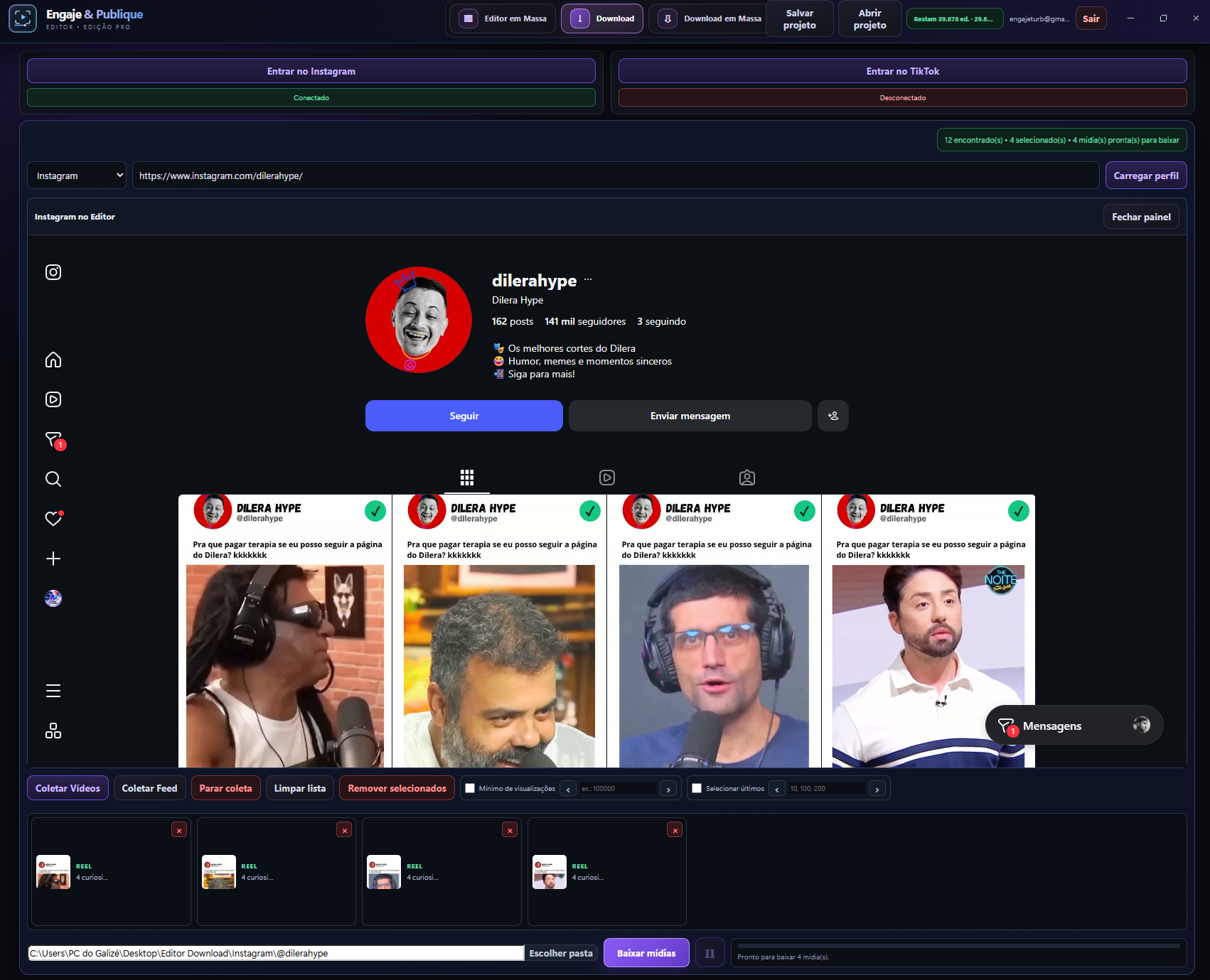 Tela do Editor Engaje com um lote de vídeos carregado