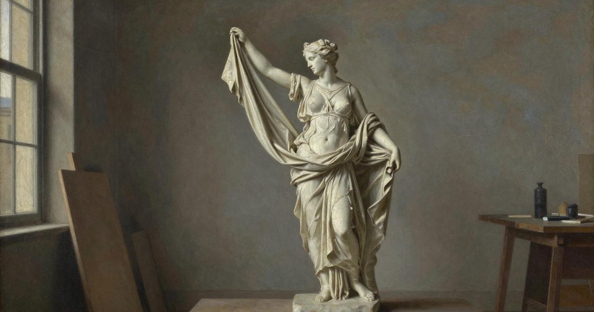 Oil painting of a draped marble statue of a goddess standing in a quiet sculptor’s studio by a tall window