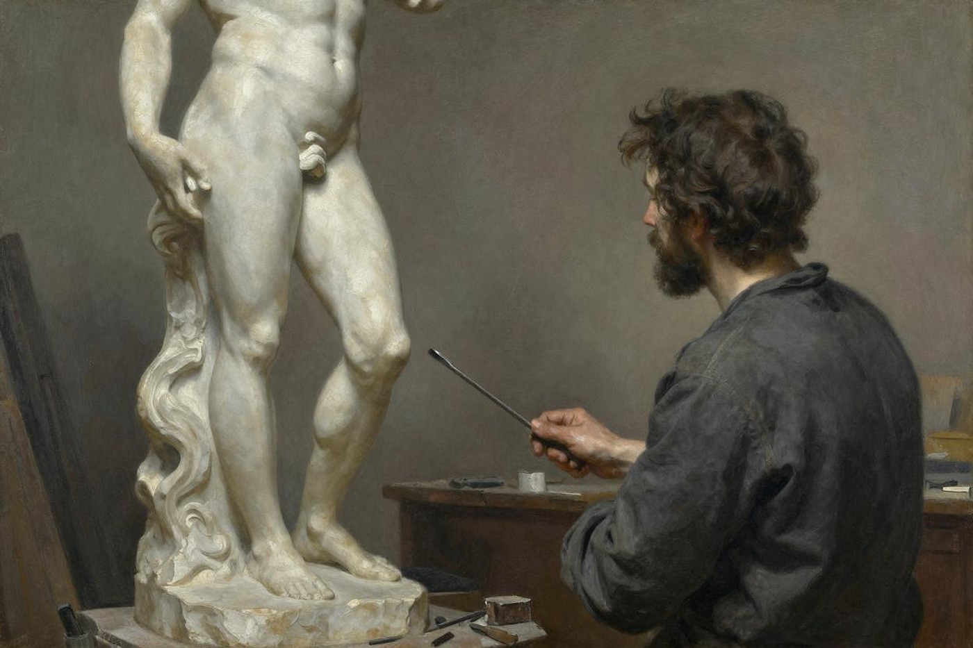 Oil painting of a sculptor at work beside a classical marble figure in a dim studio