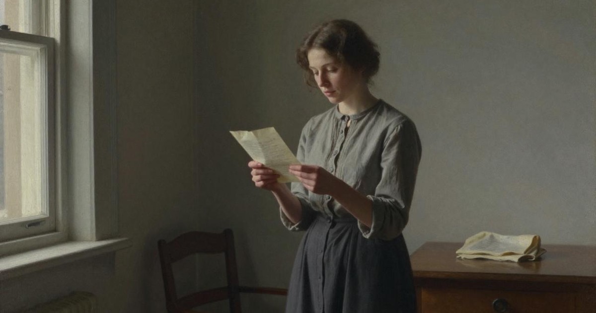 Oil painting of a woman standing by a window in a quiet room, completely absorbed in reading a letter