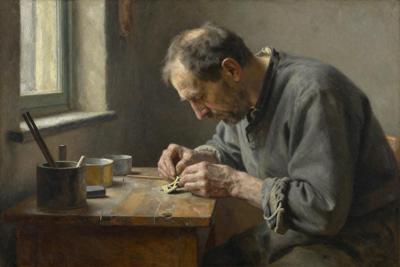 Oil painting of an old craftsman bent over a workbench, mending a small object with complete concentration