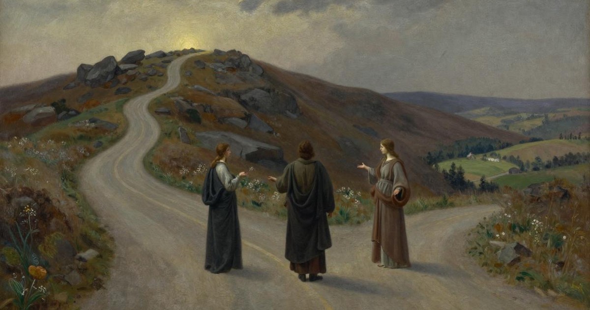 Oil painting of a traveler standing between two robed women at a fork in a country road, one path climbing steeply, the other easy