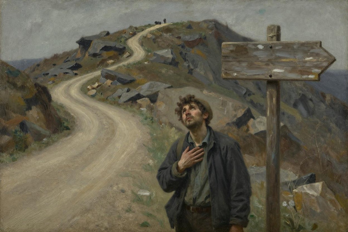 Oil painting of a traveler pausing at a wooden signpost where the road divides, looking up toward the harder path