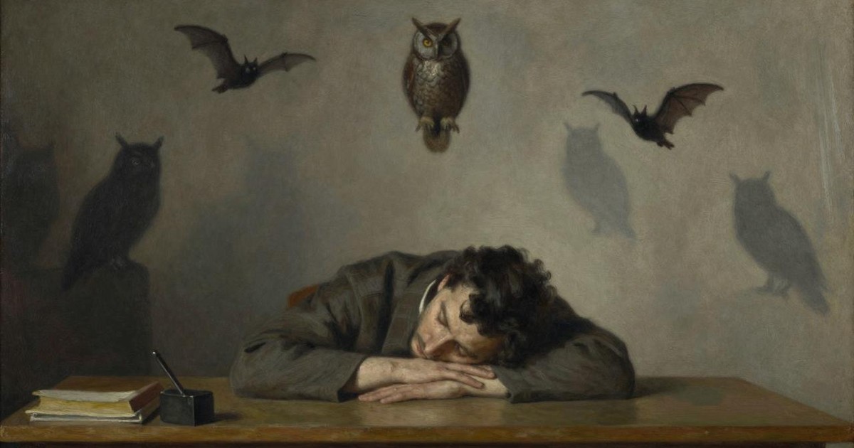 Oil painting of a man asleep at a desk while owls and bats emerge quietly from the shadows behind him