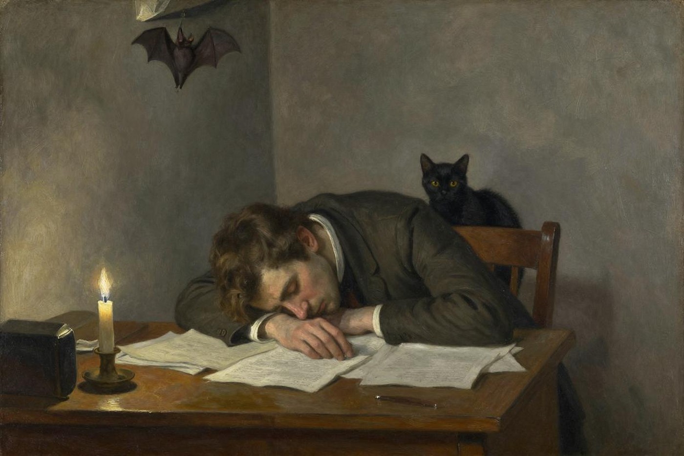A clerk asleep over his papers by a candle while a black cat watches from his chair and a bat hangs in the corner
