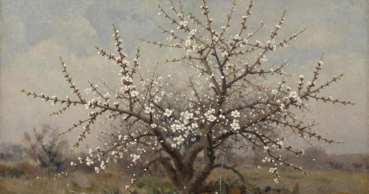 Oil painting of an almond tree in first white blossom against a pale sky