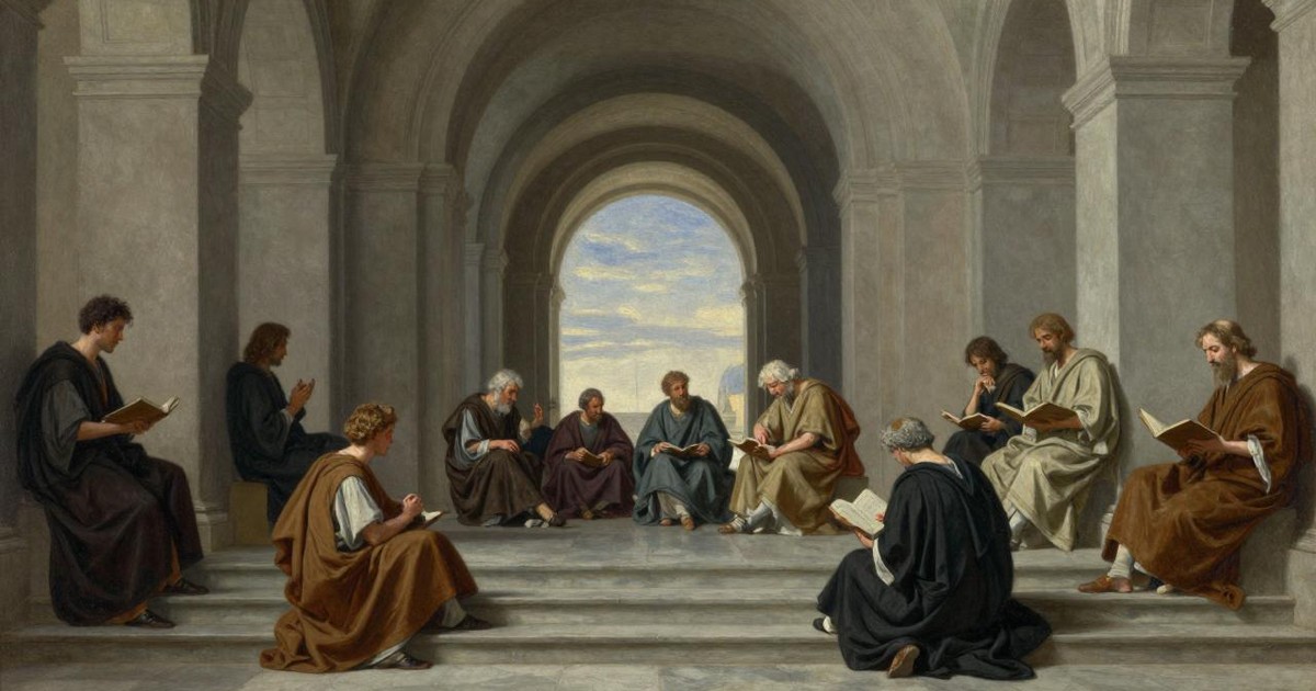 Oil painting of robed thinkers from many eras reading, writing and debating on the steps of a grand vaulted classical hall