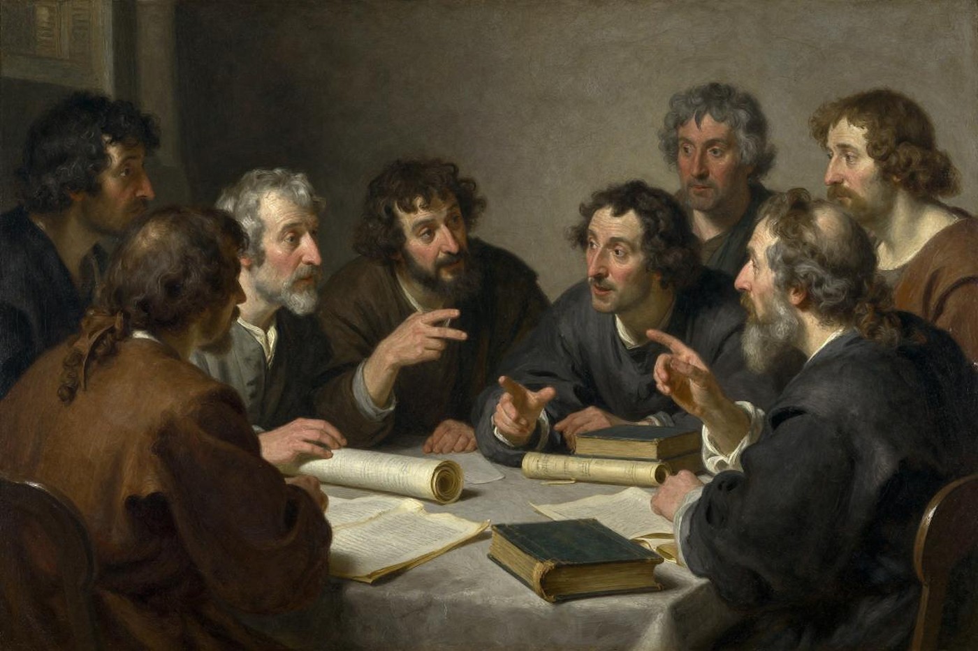 Oil painting of scholars from different eras leaning over a table of scrolls and books, arguing animatedly