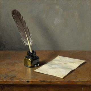 A quill in an inkwell beside a folded letter