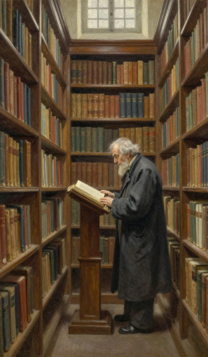 An elderly scholar reading among tall bookshelves, painted in an old-master style