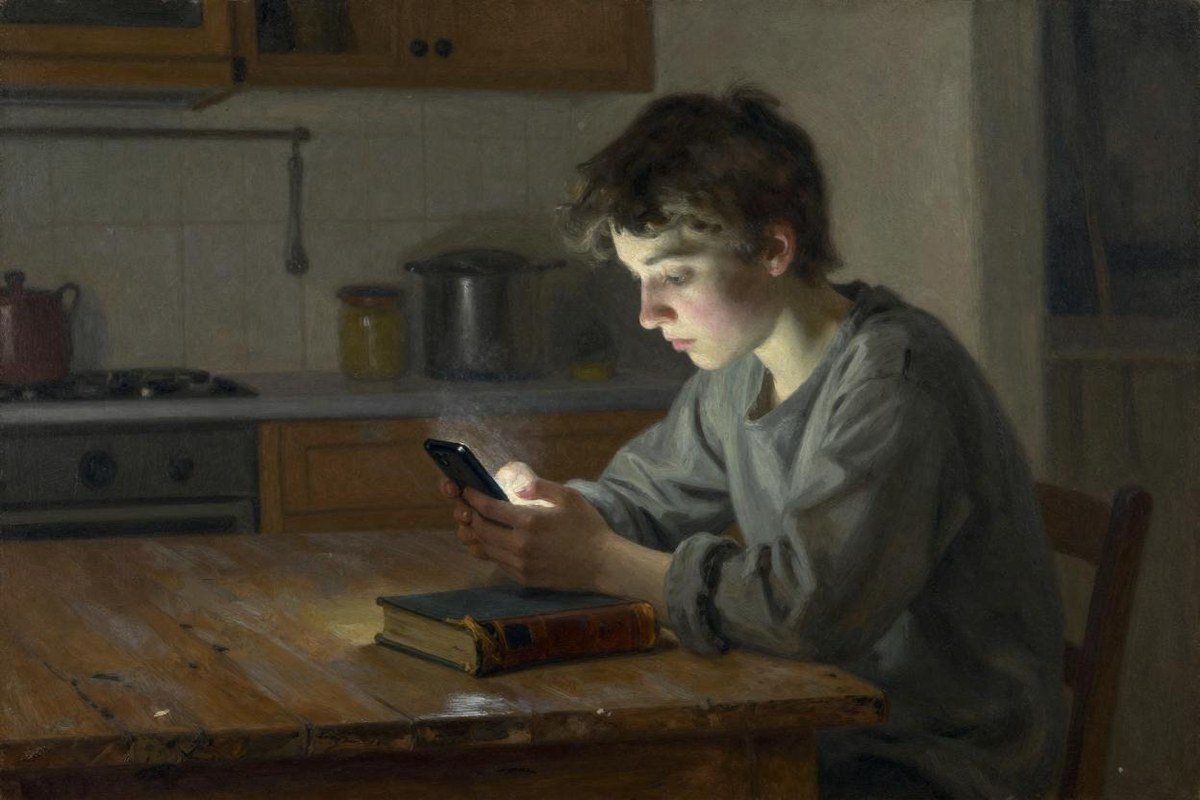 A young person lit by a phone screen in a dim kitchen, painted in an old-master style