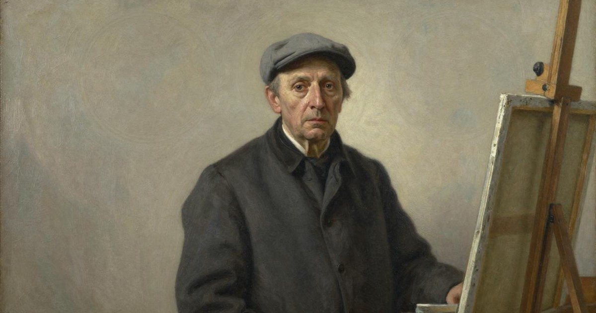 Oil portrait of an aging painter in a cap and dark coat standing beside his easel, looking steadily at the viewer