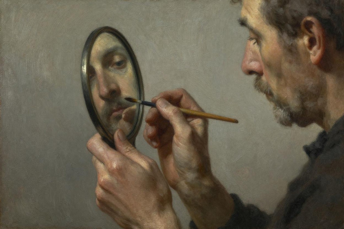 Oil painting of an older man holding a small mirror and studying his own reflection, brush in hand