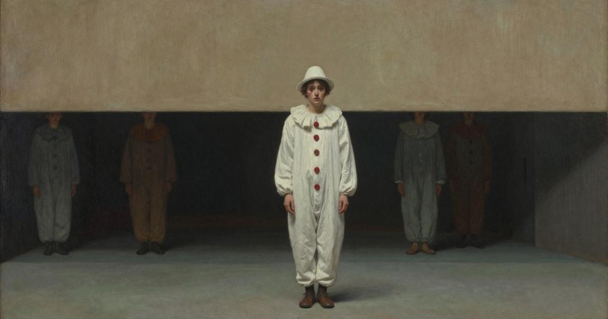 Oil painting of a lone performer in a white clown costume standing stiffly at the front of a bare stage, other performers in shadow behind him