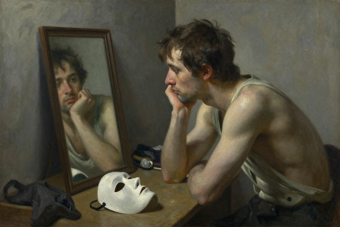 Oil painting of an actor half in costume studying his own face in a dressing-room mirror, a white mask on the table beside him