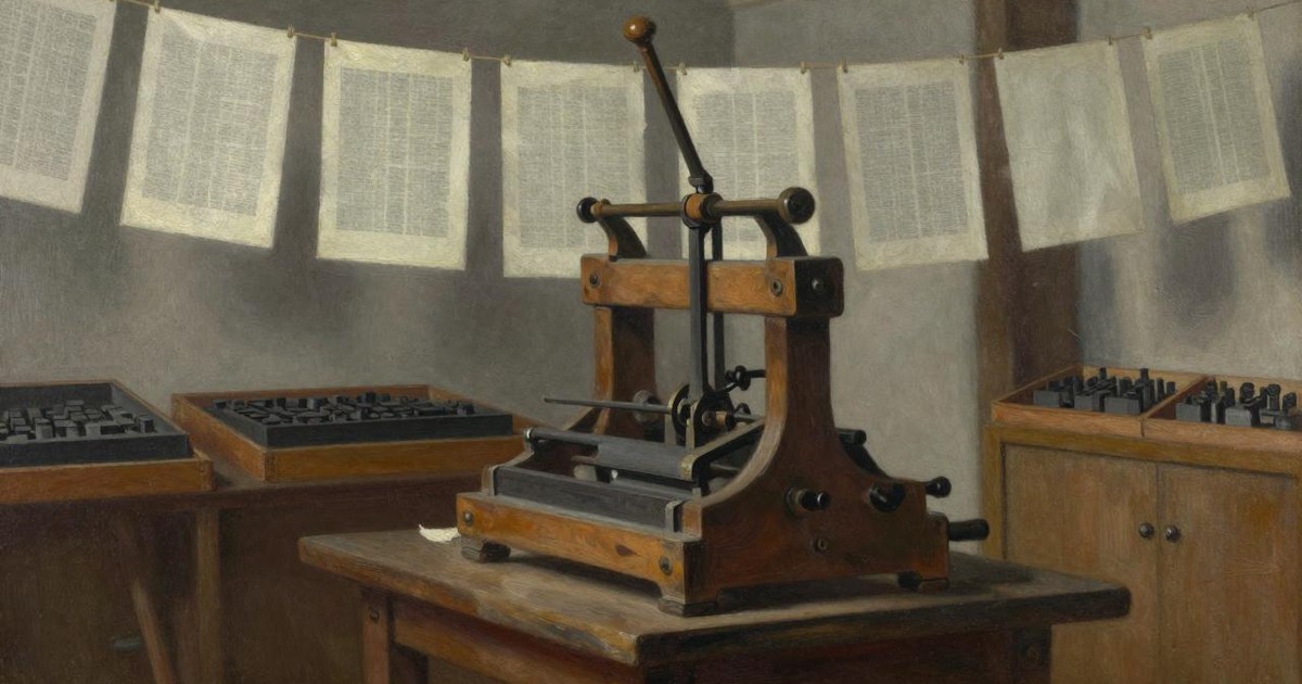 Oil painting of an early printing workshop with a wooden hand press, cases of type and freshly printed pages hanging to dry