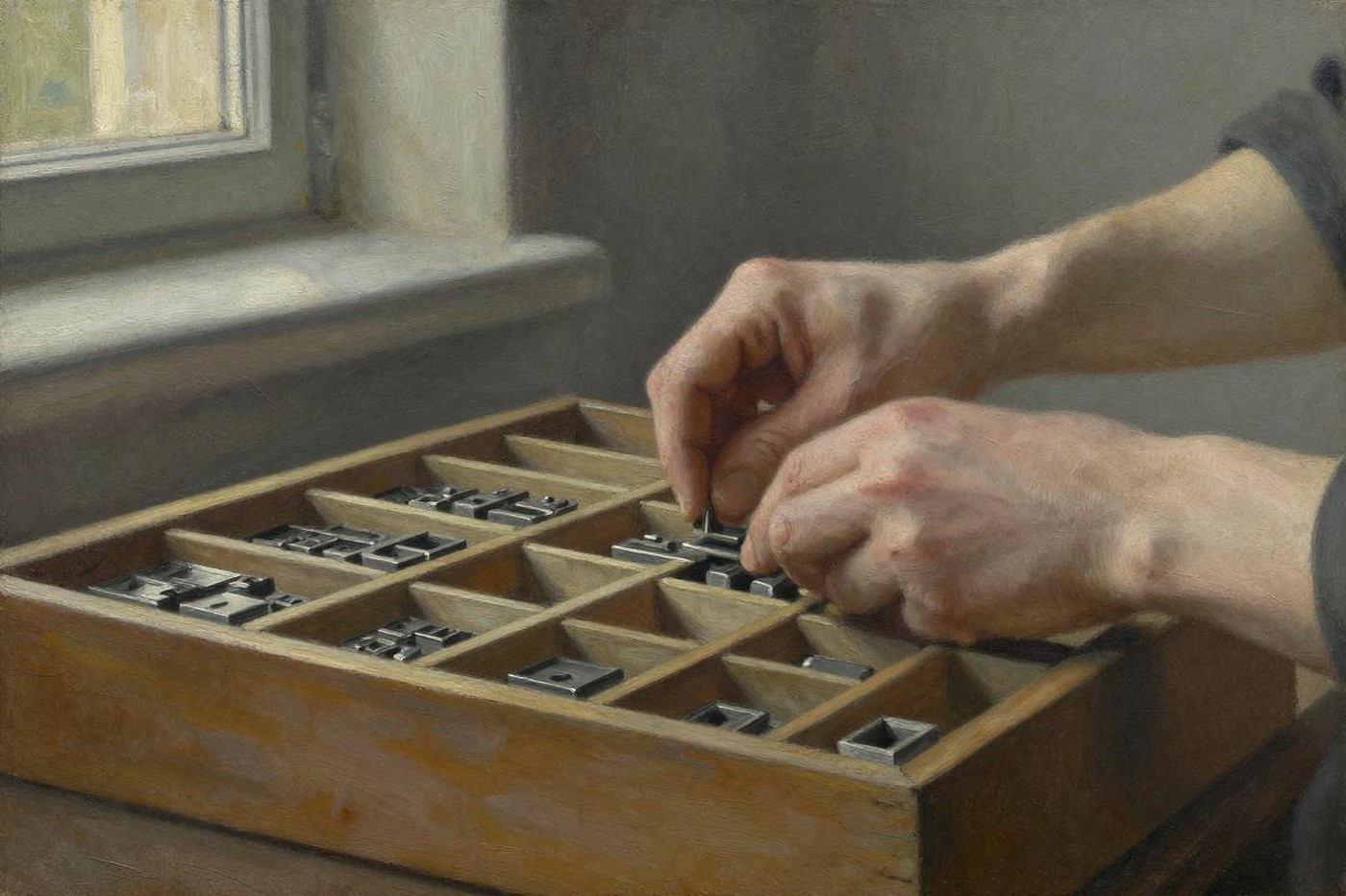 Oil painting of a compositor’s hands setting small metal type into a wooden type case by window light