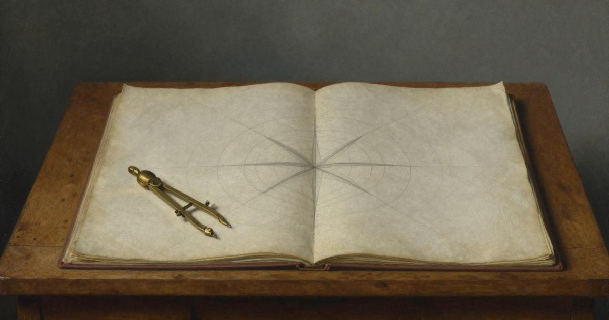 Oil painting of an open manuscript with faint geometric construction lines and a brass compass resting on a wooden desk