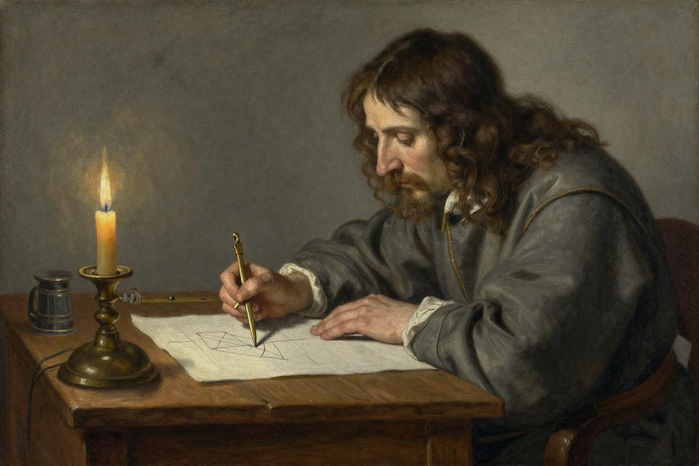 Oil painting of a long-haired scholar drawing a geometric diagram by candlelight with a brass stylus