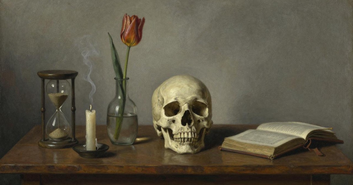 Still-life oil painting of a skull, a tulip in a glass vase, an hourglass, a smoking candle and an open book on a dark table