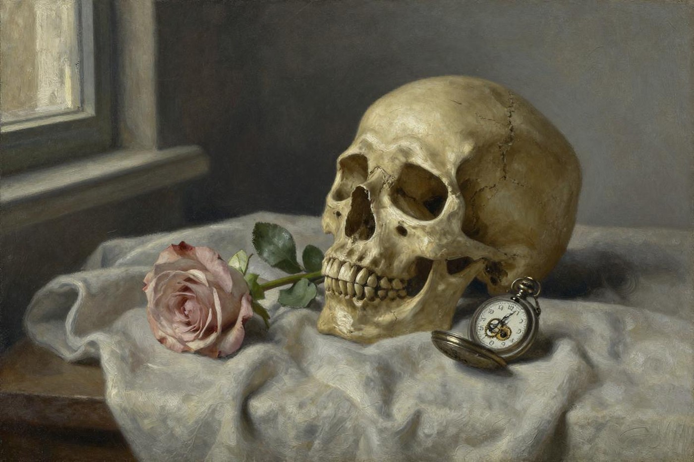 Still-life oil painting of a skull beside a pink rose and an open pocket watch on white linen