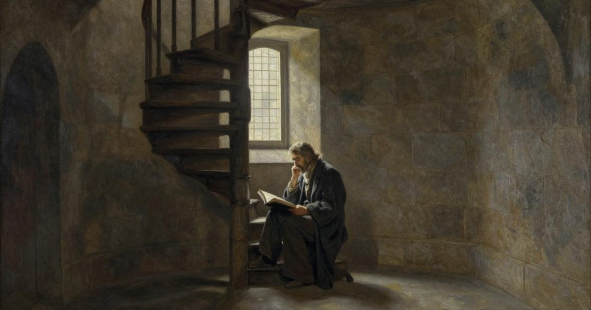 Oil painting of a solitary scholar reading by a tall window in a dim stone room beside a spiral staircase