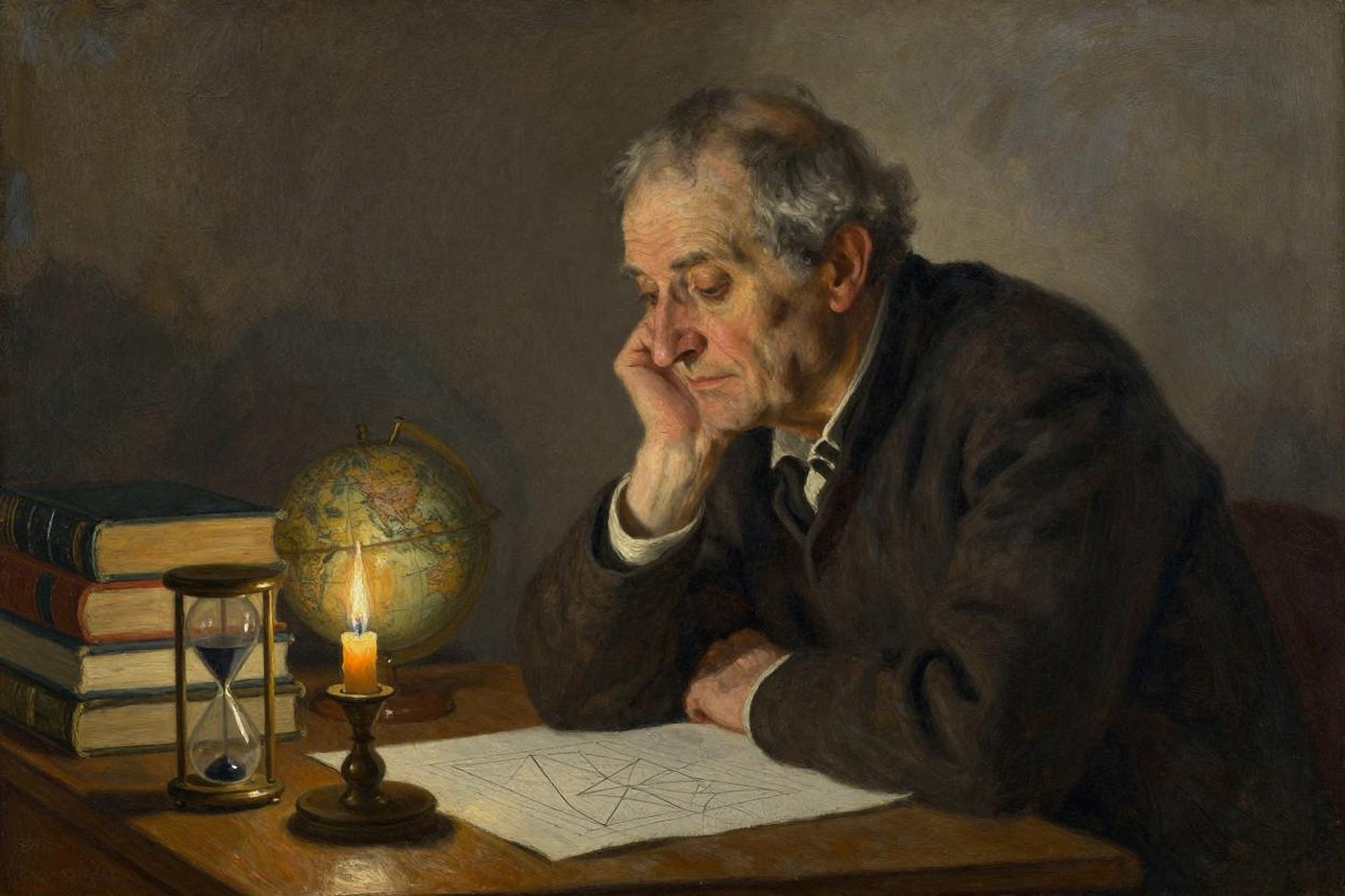 Oil painting of an elderly man lost in thought at a candlelit desk with books, an hourglass, a globe and geometric diagrams
