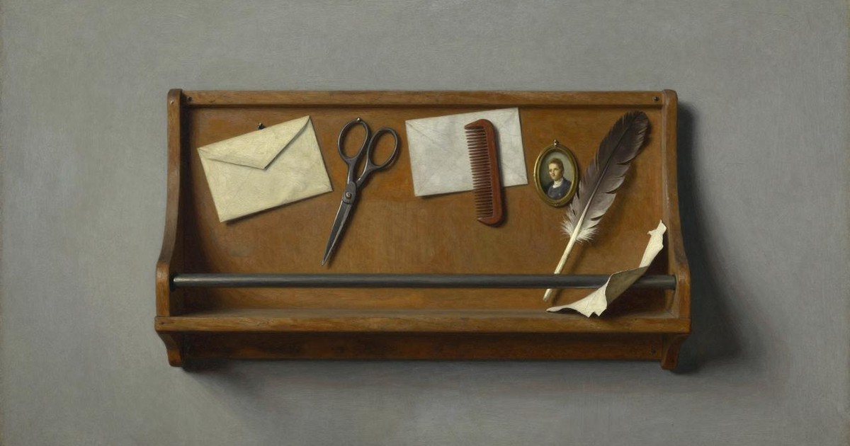 Trompe-l’oeil oil painting of a wooden letter rack holding letters, scissors, a comb, a quill and a small portrait