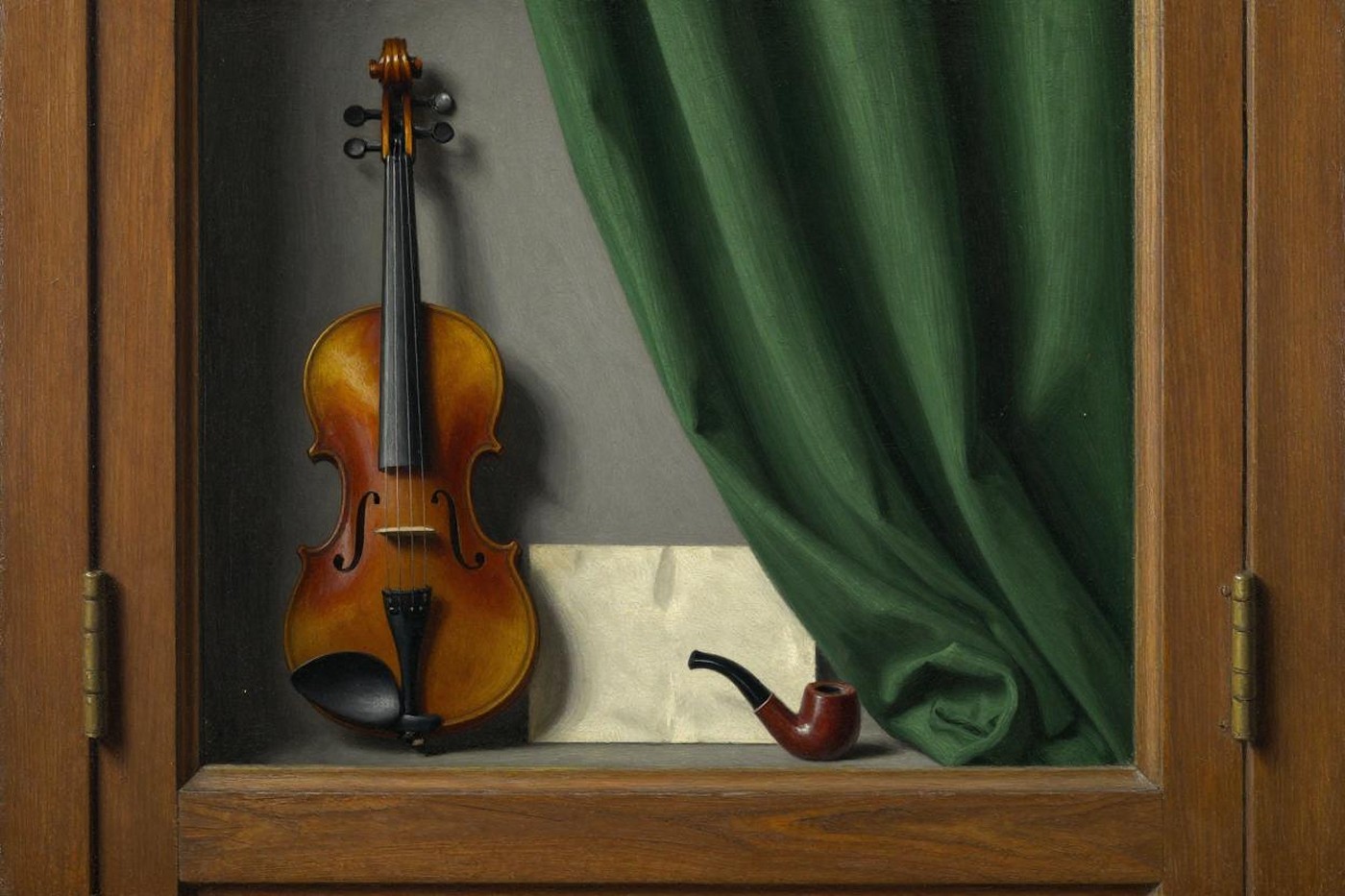 Trompe-l’oeil oil painting of a cabinet with a violin, a clay pipe and a letter behind a half-drawn green curtain