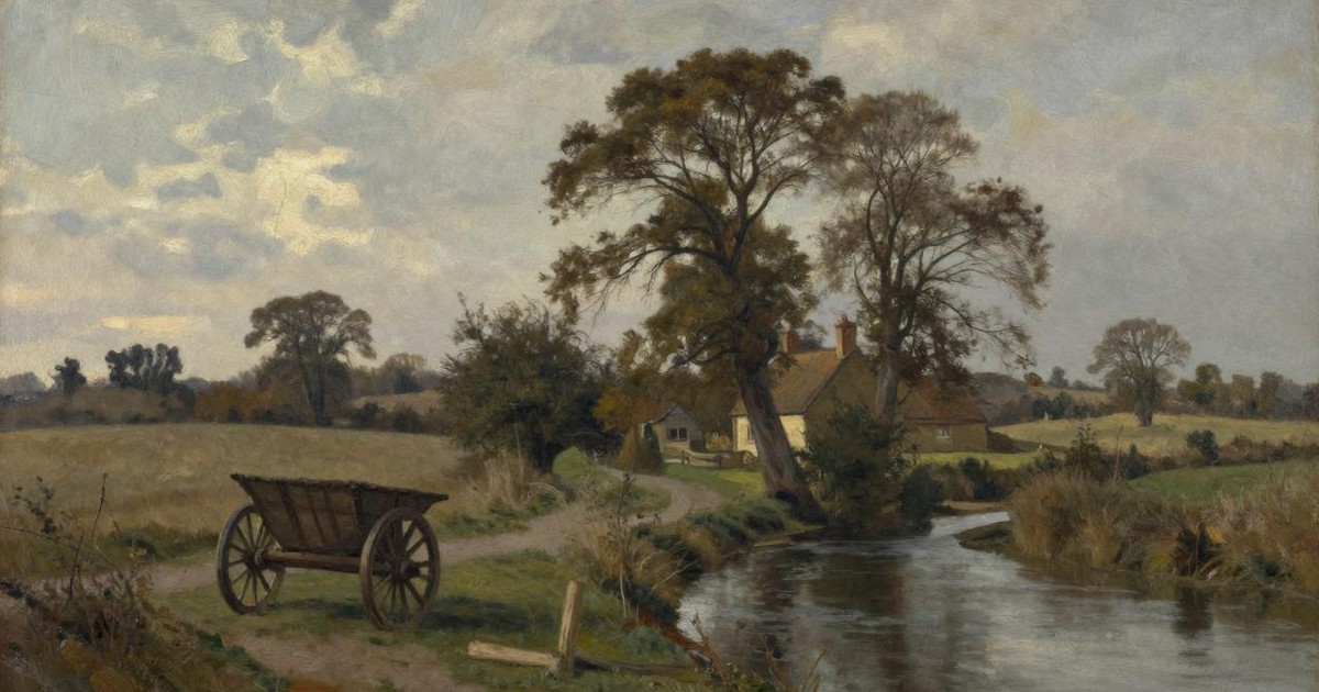 Oil painting of a quiet English river landscape with a wooden cart by the water, a cottage beneath tall trees and an overcast sky