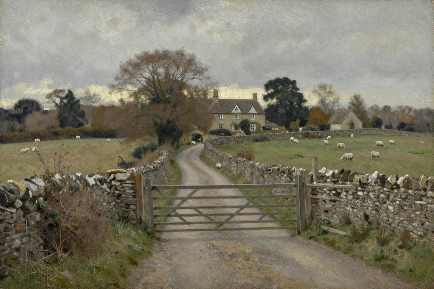 Oil painting of a country lane through a stone wall and open gate toward a distant farmhouse, sheep grazing under a grey sky