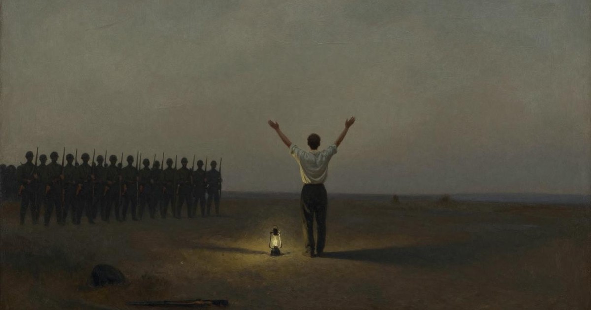 Oil painting of a lone man with arms raised facing a distant line of faceless soldiers at night, lit by a lantern on the ground