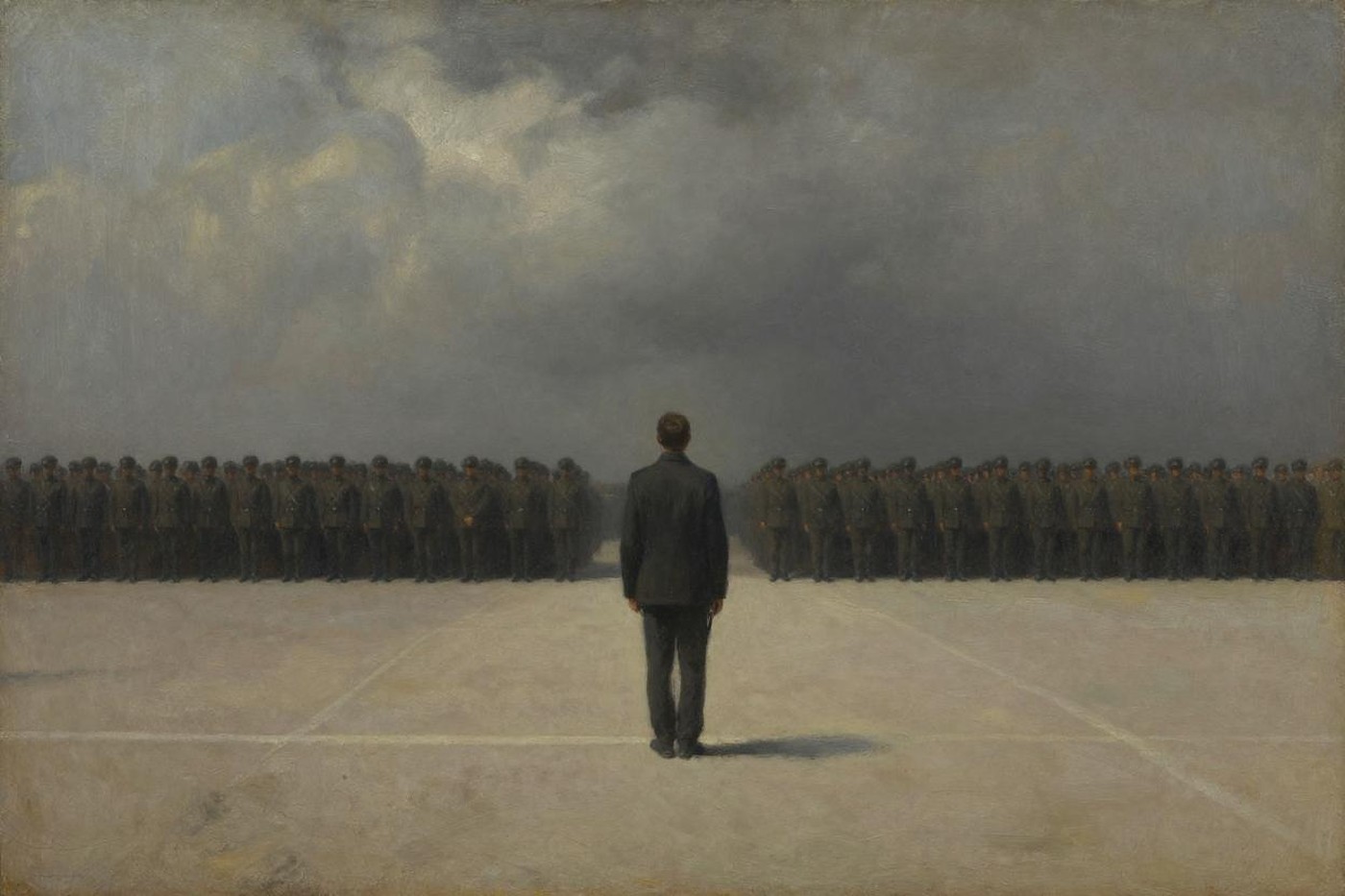 Oil painting of a solitary figure seen from behind in a vast empty square, facing long rows of uniformed guards