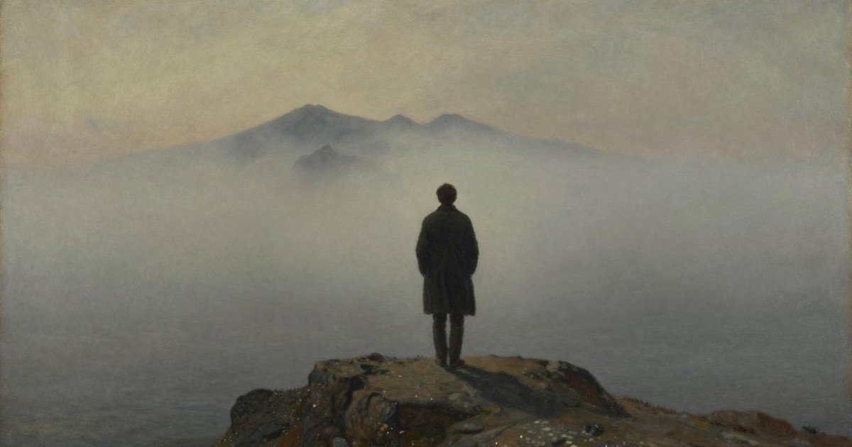 Oil painting of a lone figure seen from behind on a rocky outcrop, looking out over a sea of fog toward distant peaks
