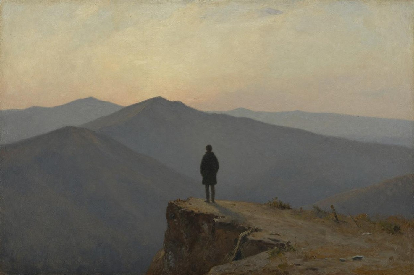 Oil painting of a solitary figure at the edge of a cliff at dawn, facing an immense sky over endless mountain ridges