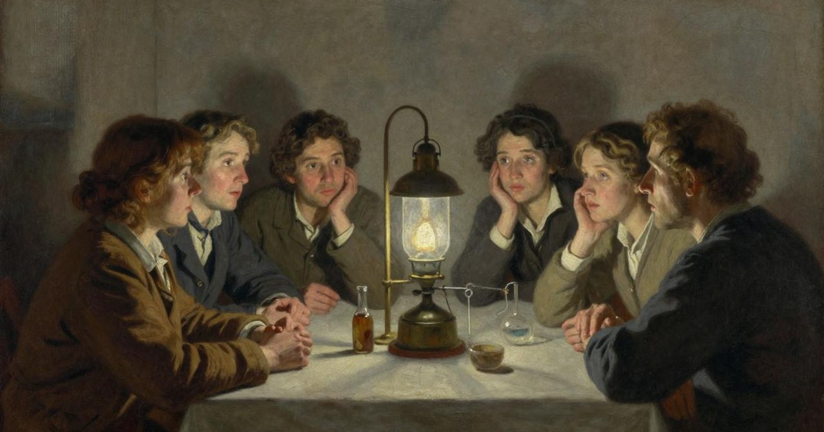 Oil painting of young people gathered around a lamp-lit table at night, watching a glass scientific apparatus