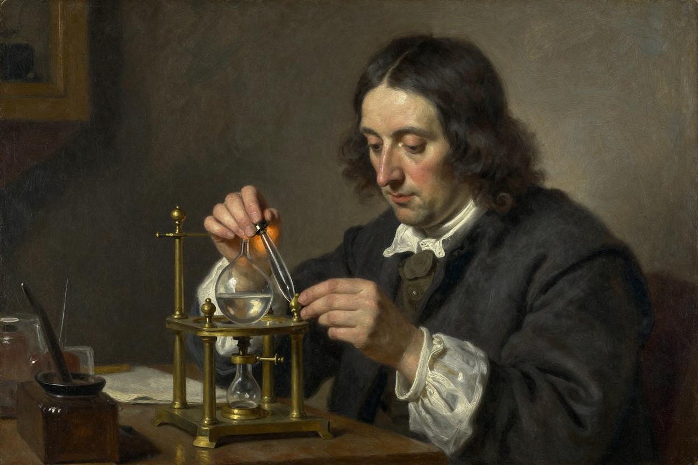 Oil painting of a natural philosopher adjusting a brass and glass instrument in a dark study, his face lit by its glow