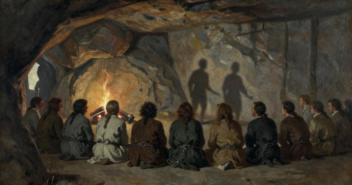 Oil painting of a row of people seated in a firelit cavern, watching shadows cast on the rock wall