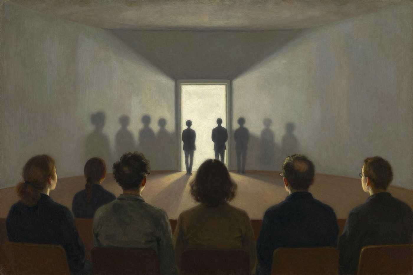Oil painting of people seated in a dark hall facing a wall of moving shadows, unaware of the bright doorway behind them