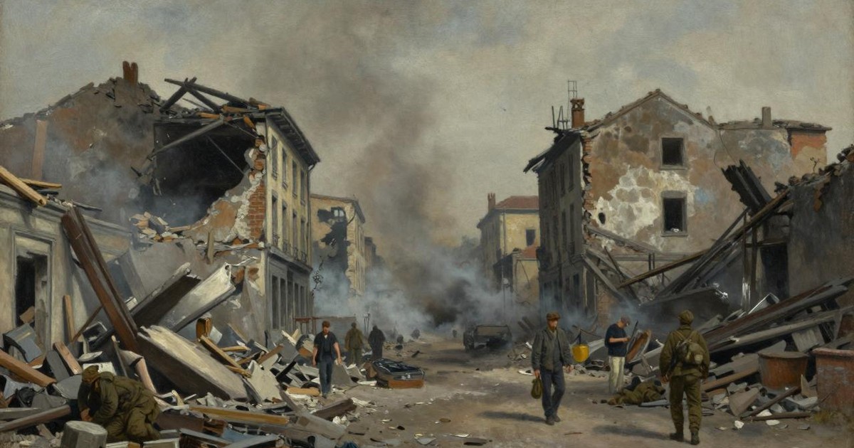 Oil painting of a bombed city street after an air raid, smoke rising over rubble as a few civilians and soldiers pick through the wreckage