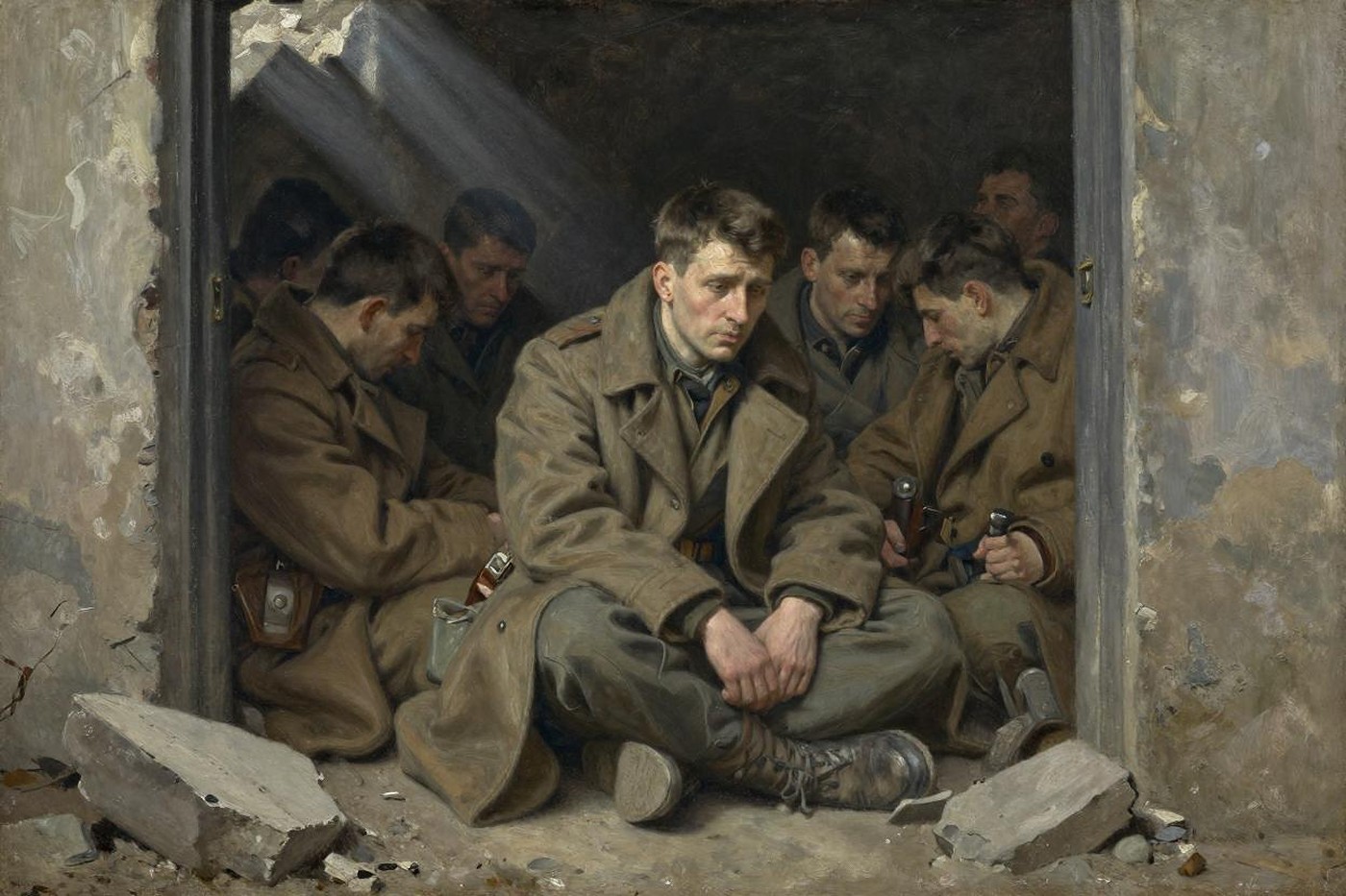 Oil painting of weary prisoners of war in greatcoats huddled in a rubble-strewn cellar doorway