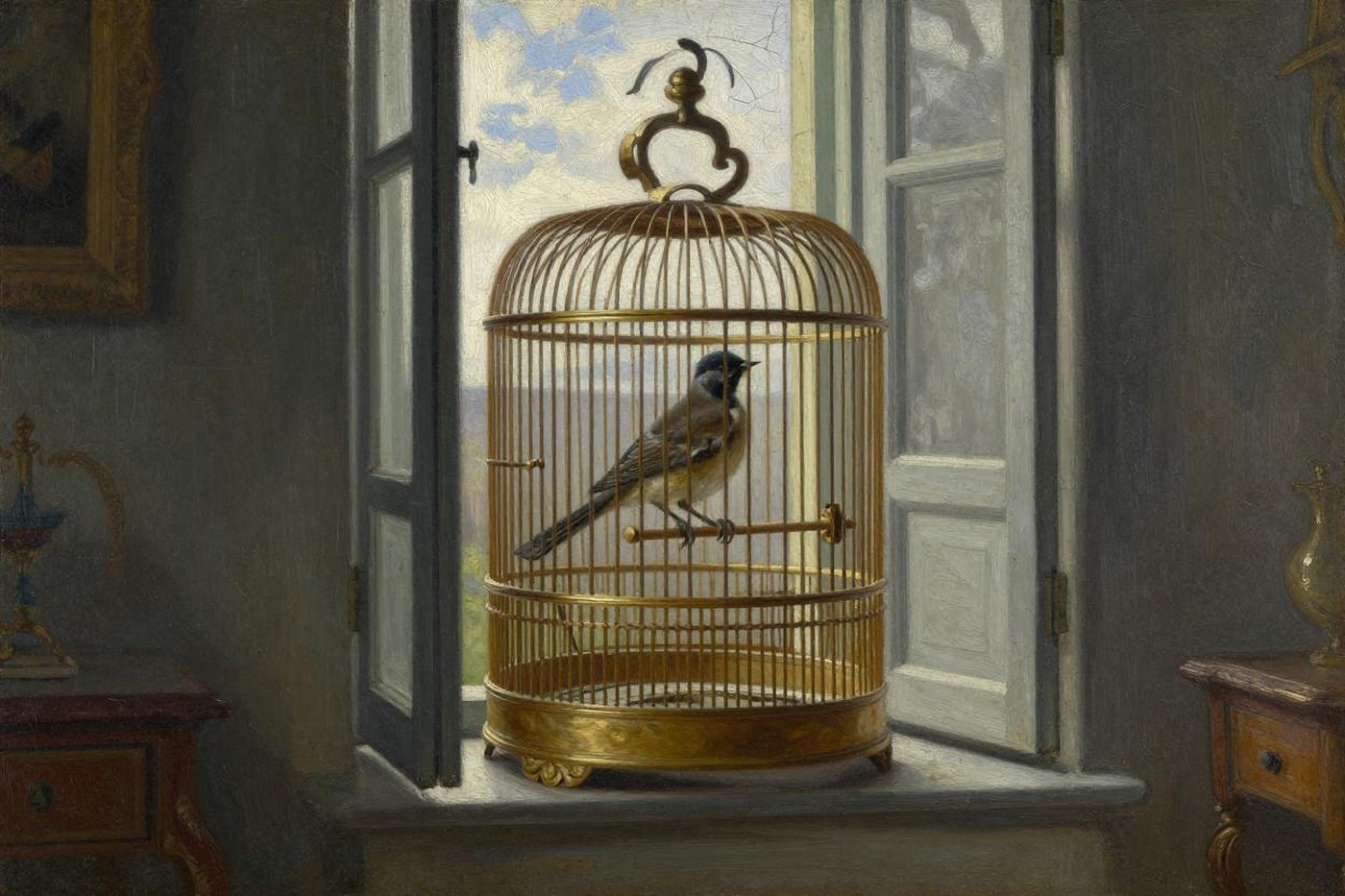 Oil painting of a songbird sitting contentedly inside a gilded cage beside an open window