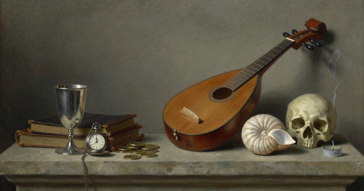 Still-life oil painting of a silver cup, pocket watch, ledgers, coins, a lute, a shell and a skull on a stone ledge