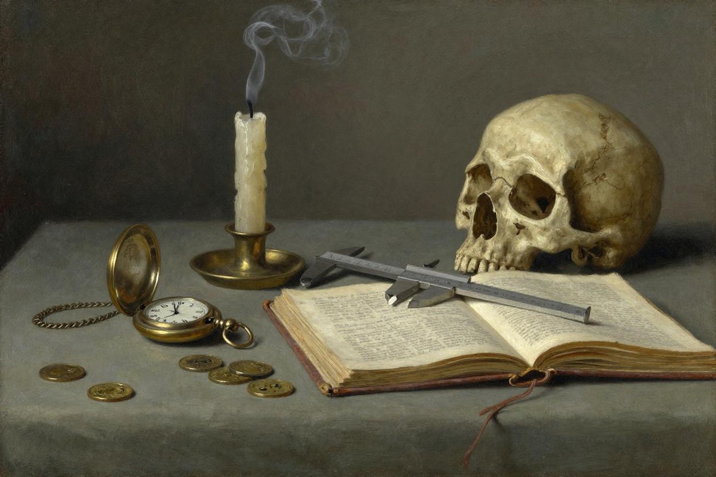 Still life of a pocket watch, calipers, coins, an open book, a snuffed candle and a skull