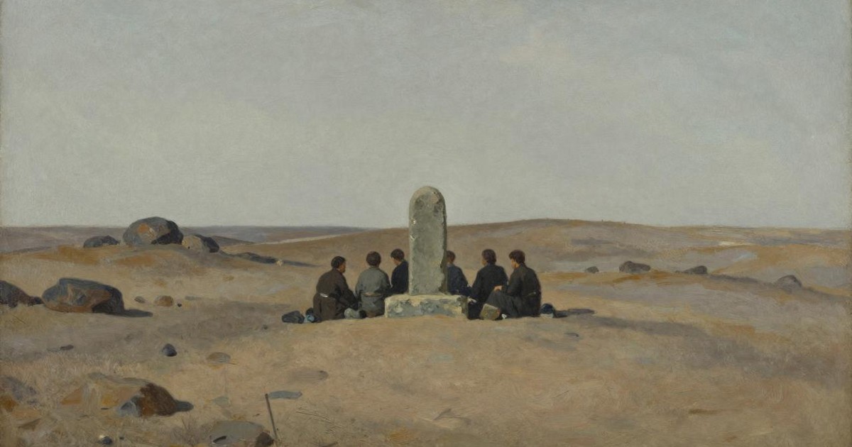 Oil painting of a few plainly dressed figures resting beside a stone marker in a stark, dusty landscape under a pale sky