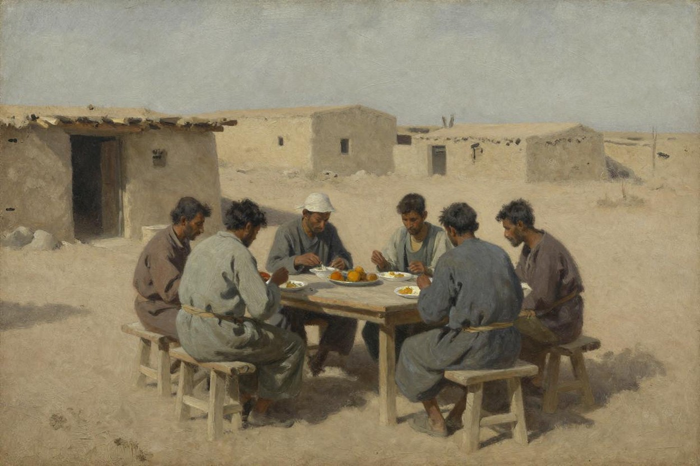 Oil painting of people in simple clothes sharing a meager meal at a long table outside adobe dwellings in a barren settlement