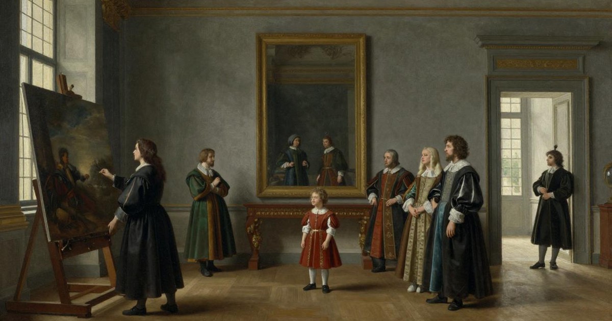 Oil painting of a palace chamber where a painter works at a large canvas while courtiers and a child in red pose and watch