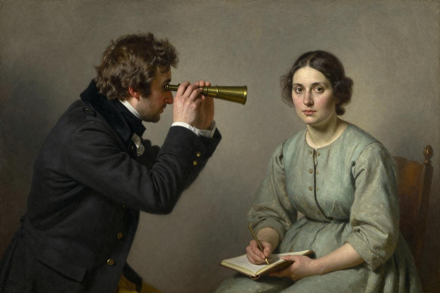 Oil painting of a man studying a seated woman through a brass spyglass while she looks calmly back at the viewer