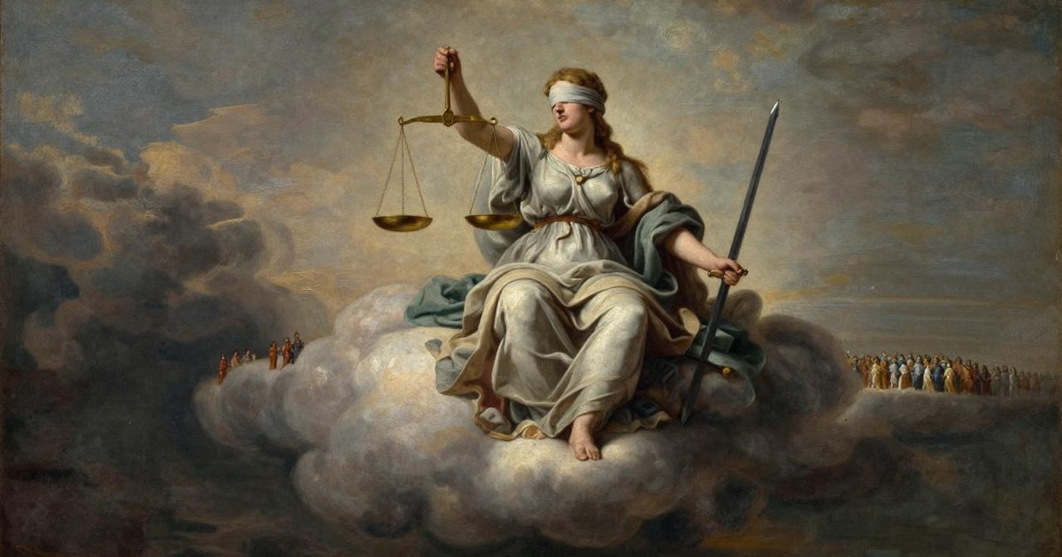 Oil painting of blindfolded Justice seated on clouds, holding balanced scales and a sword above small crowds of people