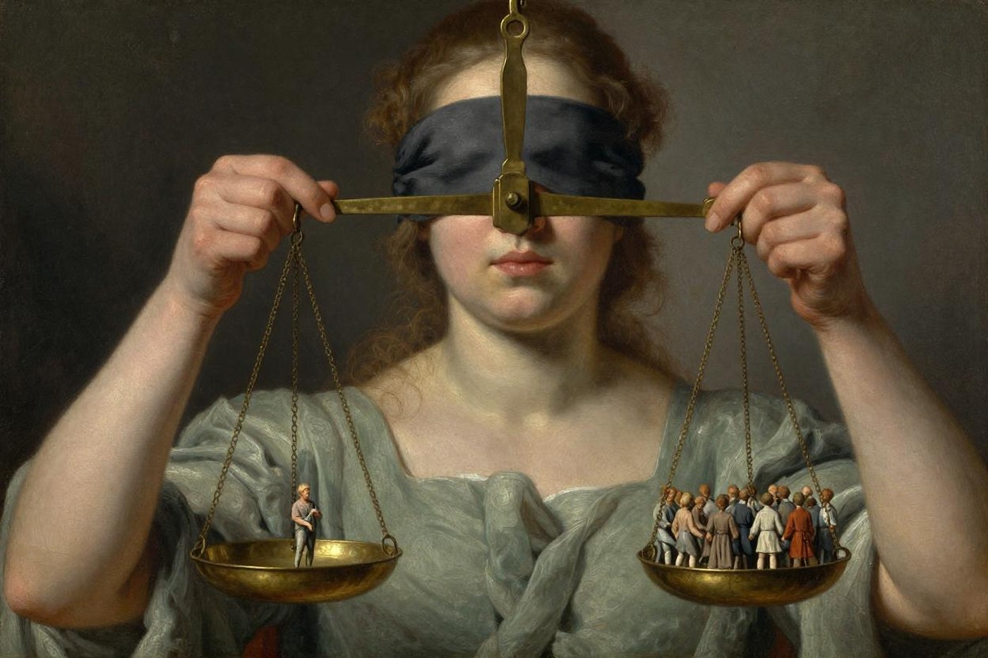 Oil painting of a blindfolded woman holding balanced scales, a single tiny figure in one pan and a crowd in the other